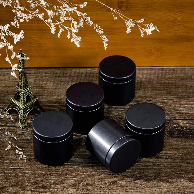 Tianhui Small Tin Can Box with Lids Canister for Coffee Tea Candy Storage Loose Leaf Tea Tin Containers Storage 5 Pcs (Black, S) - Image 4